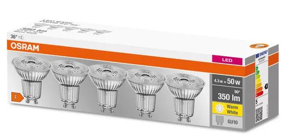 090460  Boite de 5 Lampes GU10 LED, 4,3 WATT = 50 WATT, 350 lumens, blanc chaud 2 700 K