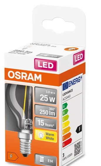 436602 E14 Sphérique Filament LED claire, 2,5 WATT = 25 WATT, 250 lumens, blanc chaud 2 700 K