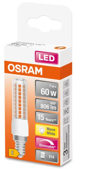 607316 E14 Tube LED dimmable, 7 WATT = 60 WATT, 806 lumens, blanc chaud 2 700 K