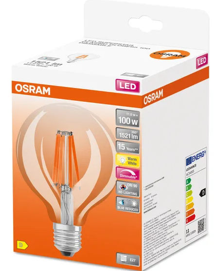 602953 E27 Globe Filament claire LED, 11 WATT = 100 WATT, 1521 lumens blanc chaud 2 700 K