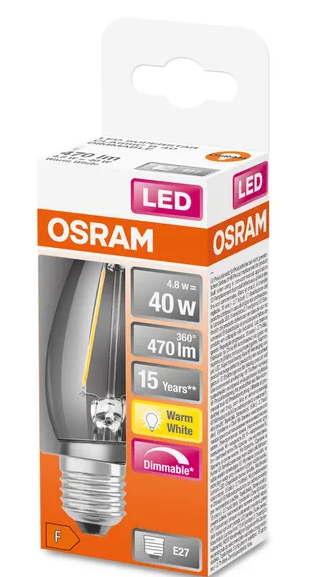 446878 E27 Flamme Filament LED claire dimmable, 4 WATT = 40 WATT, 470 lumens, blanc chaud 2 700 K